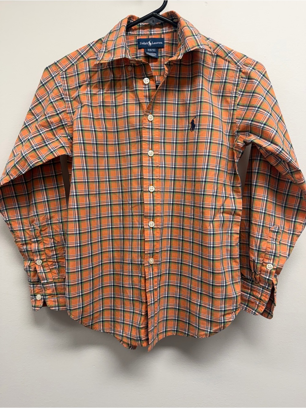 Ralph Lauren Orange Green Plaid Button-Down Kids Shirt 100% Cotton